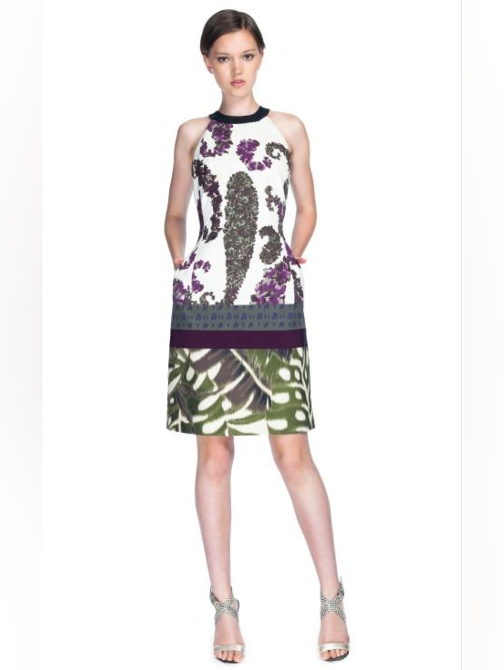 NWOT GIAMBATTISTA VALLI Silk Cotton Floral Mixed Border Halter Dress | SZ 46/L